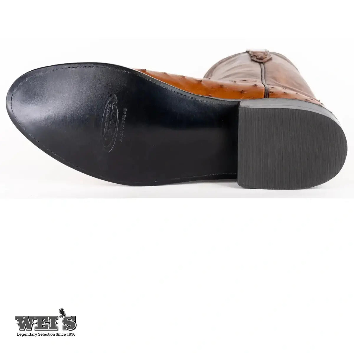 Lucchese 2000 exotic full-quill ostrich roper boot, bottom-up view of the premium stitched leather outsole.