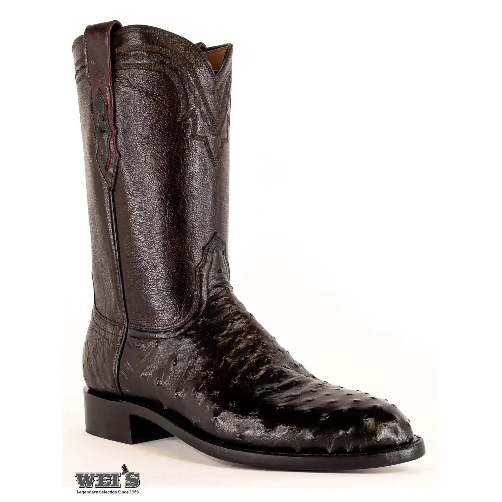 Lucchese 2000 exotic full-quill ostrich roper boot in black cherry, side profile view.