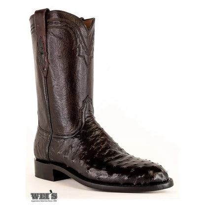 Lucchese 2000 exotic full-quill ostrich roper boot in black cherry, side profile view.