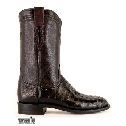 Lucchese 2000 exotic full-quill ostrich roper boot in black cherry, three-quarter front view.