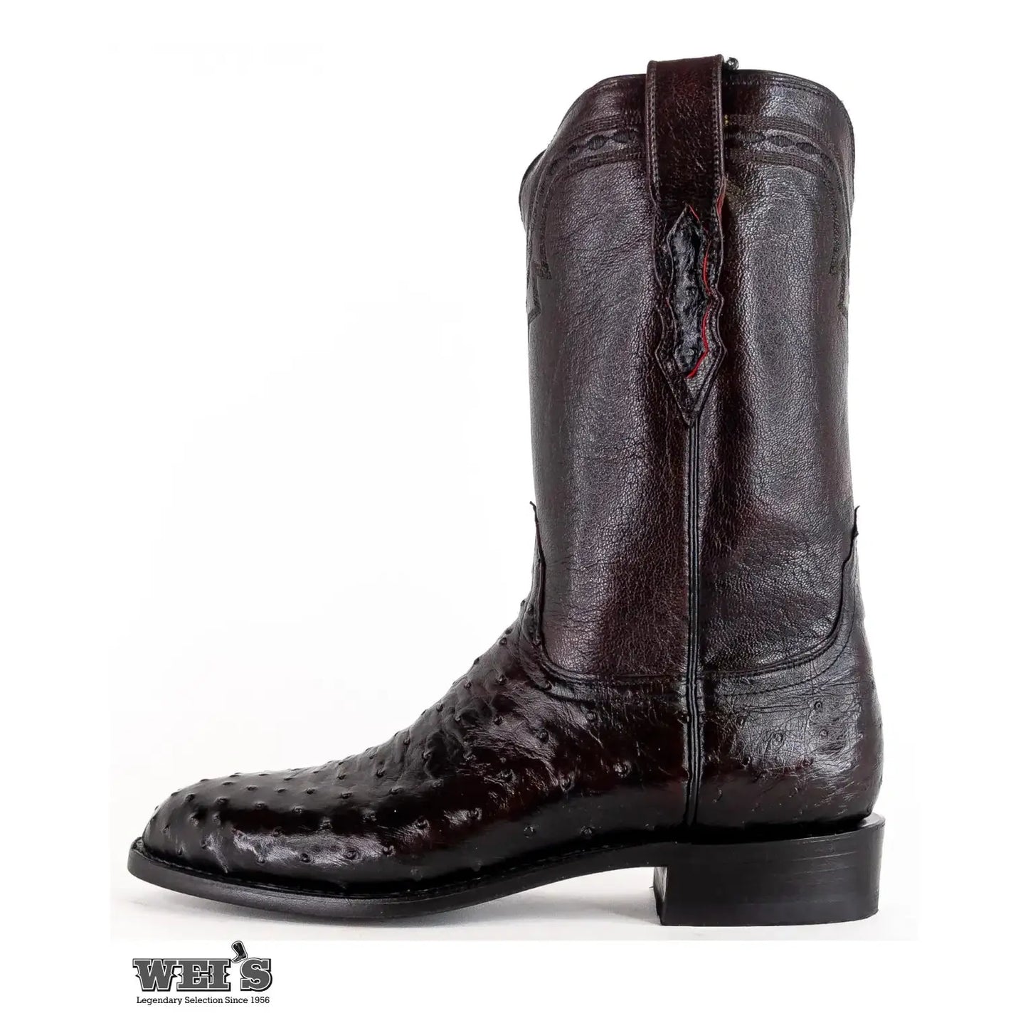 Lucchese 2000 exotic full-quill ostrich roper boot showing detailed western stitching on the matching black cherry leather shaft.