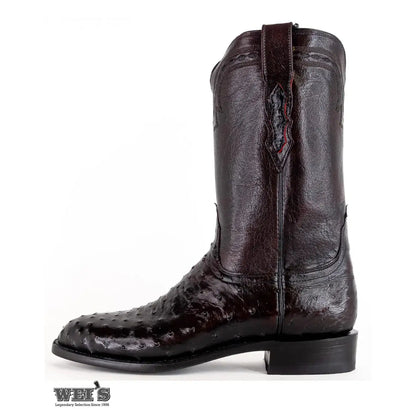 Lucchese 2000 exotic full-quill ostrich roper boot showing detailed western stitching on the matching black cherry leather shaft.