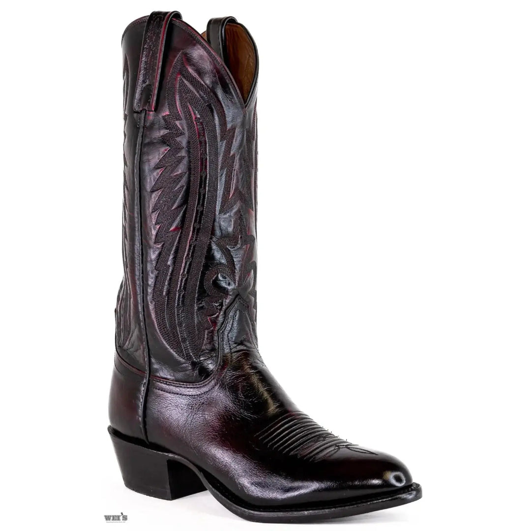Lucchese 2000 exotic kangaroo leather cowboy boot in tan, side profile view.