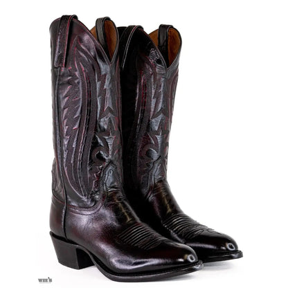 Lucchese 2000 exotic kangaroo leather cowboy boot showing the side view of the stacked leather heel.