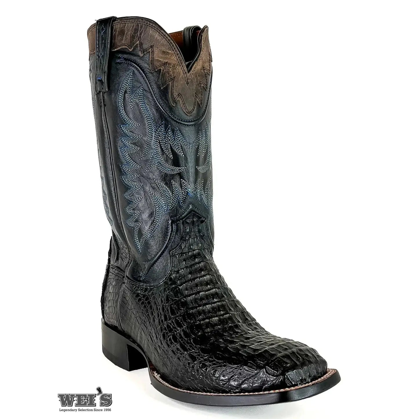 Lucchese 14-inch exotic caiman hornback cowboy boot in black leather, side profile view.