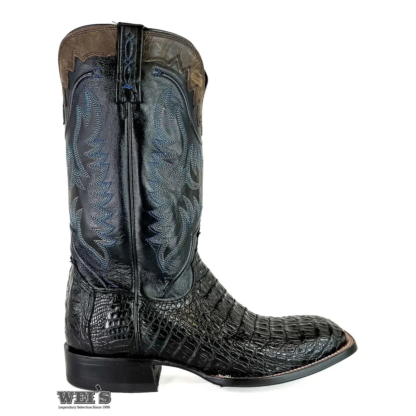 Lucchese 14-inch exotic caiman hornback cowboy boot in black leather, full lateral profile view.