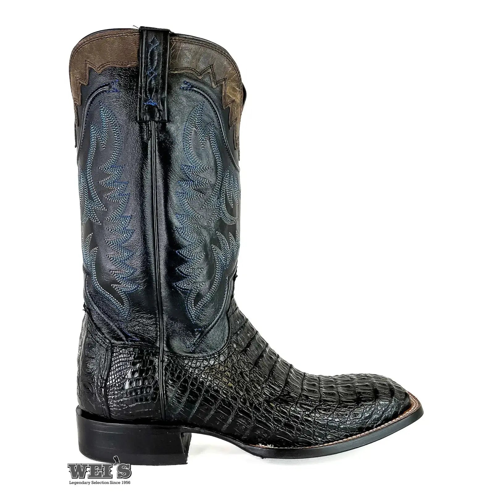 Lucchese 14-inch exotic caiman hornback cowboy boot in black leather, full lateral profile view.