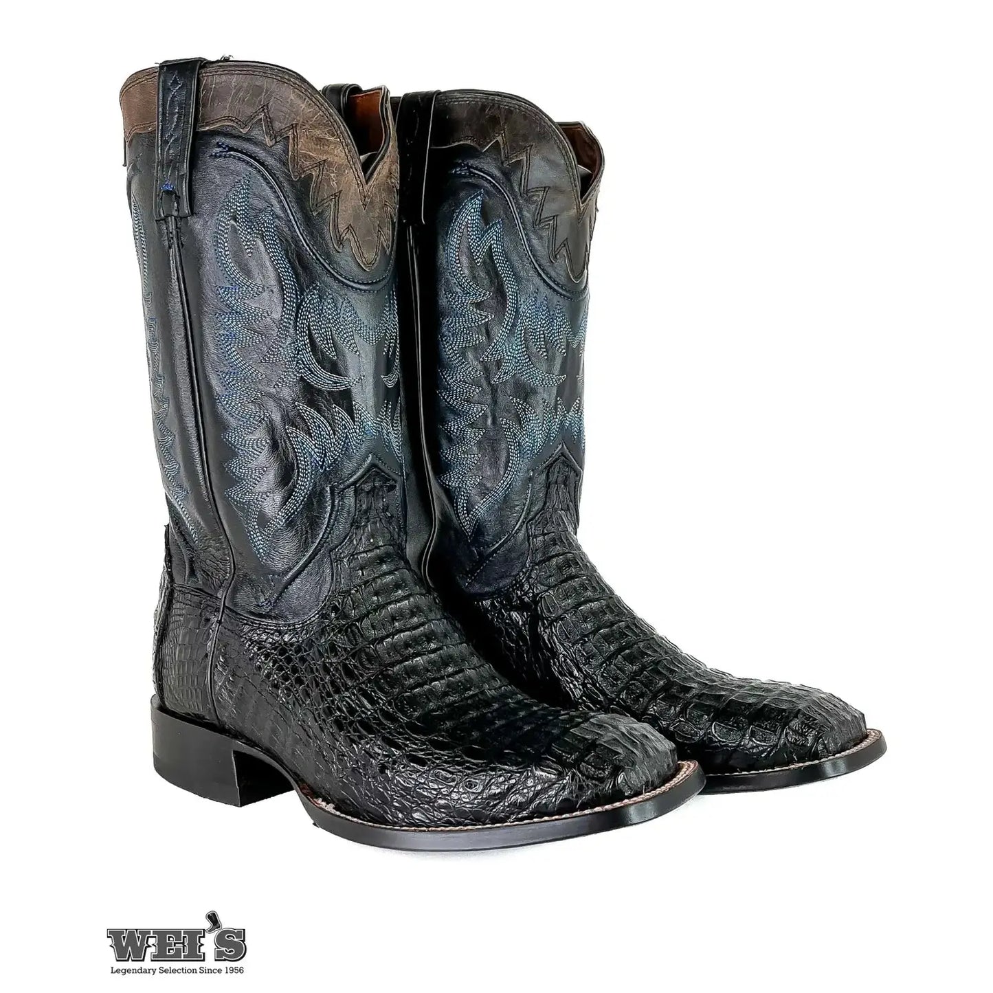 Lucchese 14-inch exotic caiman hornback cowboy boots in black leather, standing pair view.