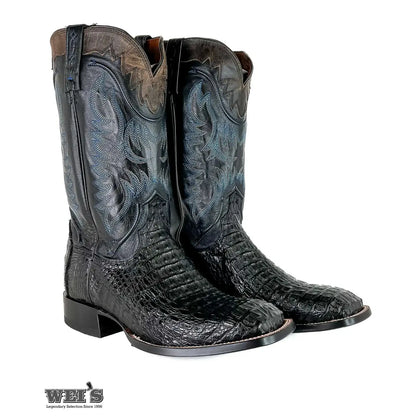 Lucchese 14-inch exotic caiman hornback cowboy boots in black leather, standing pair view.