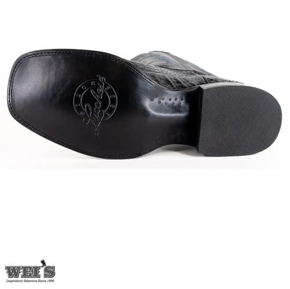 Lucchese 14-inch exotic caiman hornback cowboy boot, black leather sole and heel view.
