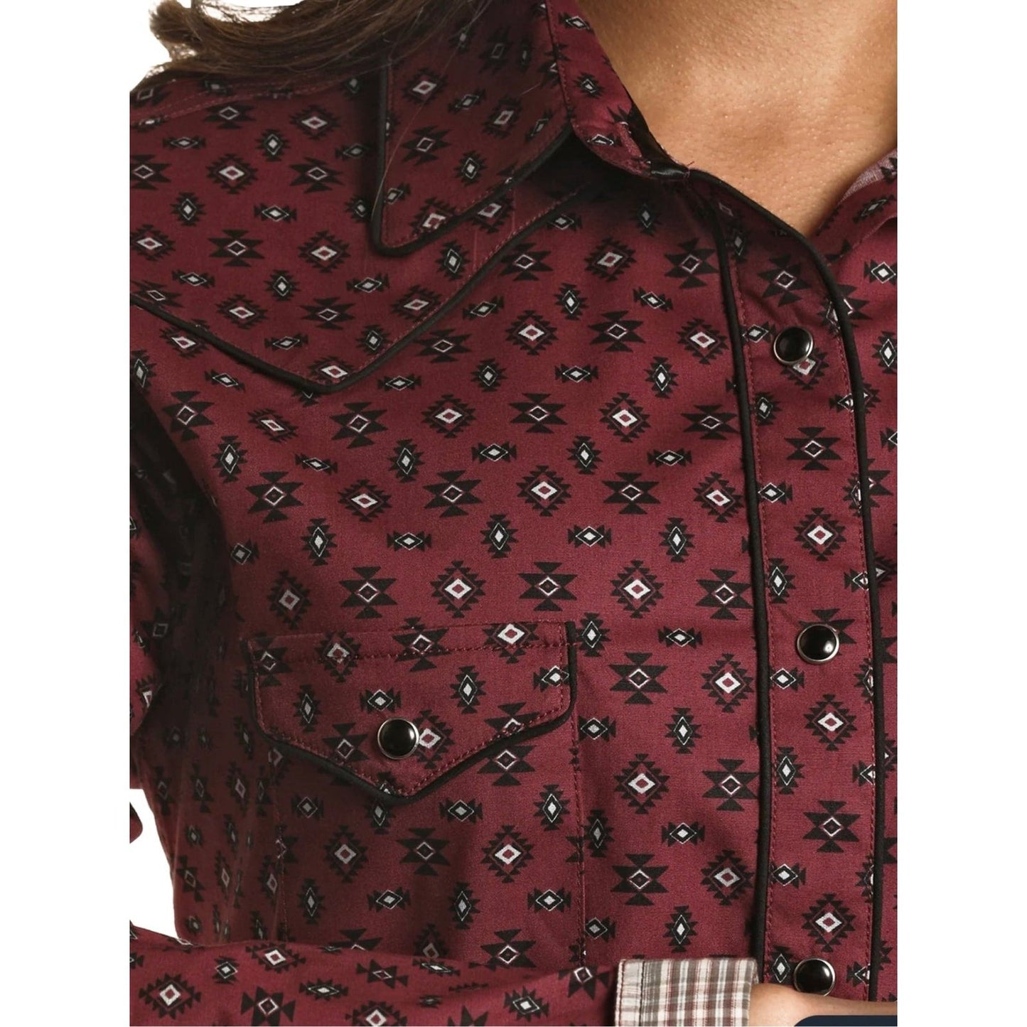 Panhandle Women’s Shirt Long Sleeve Snap Maroon Aztec RSWSOSRYTF - Panhandle