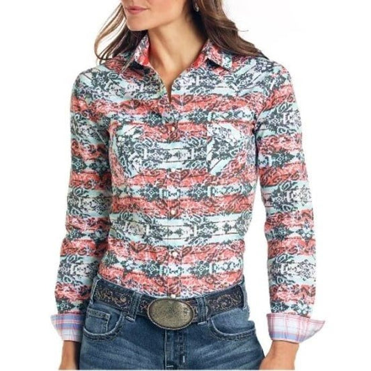 Panhandle Women’s Shirt Long Sleeve Snaps Coral Print R4S1540 - Panhandle