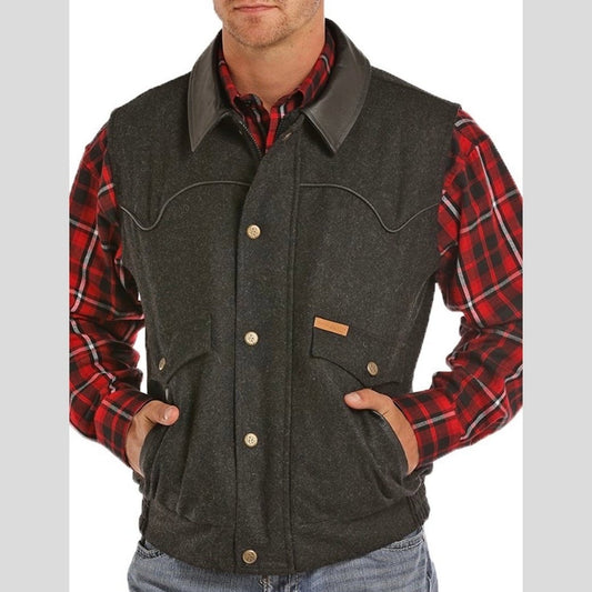 Powder River Men’s Vest Wool With Leather Collar By Panhandle 98_5619 Black - Powder River Outfitter