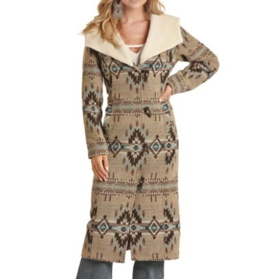 Powder River Women’s Coat Long Wooly Jacquard Brown PRW092RZYZ- Clearance