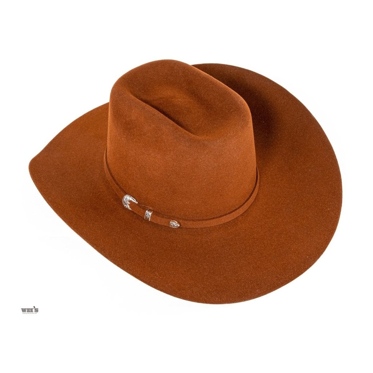 Resistol Cody Johnson 6X fur felt cowboy hat in Rust, side profile view on wood background.
