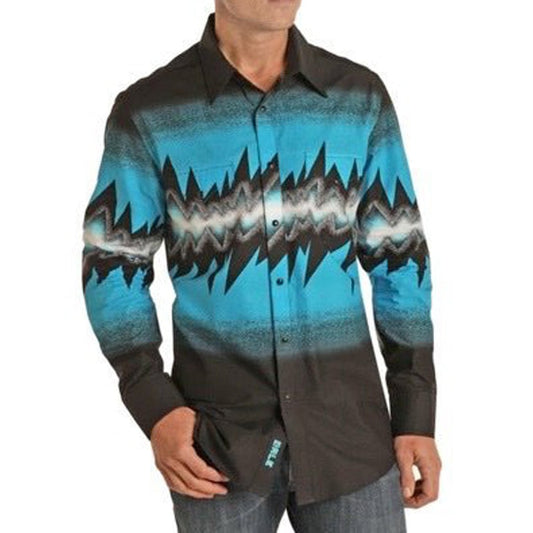 Rock & Roll Men's Shirt Long Sleeve Snaps Turquoise B2S1317