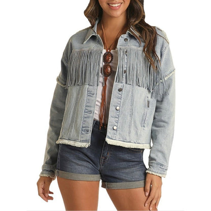 Rock & Roll Women’s Jacket Studded Fringe Light Wash 52-3706