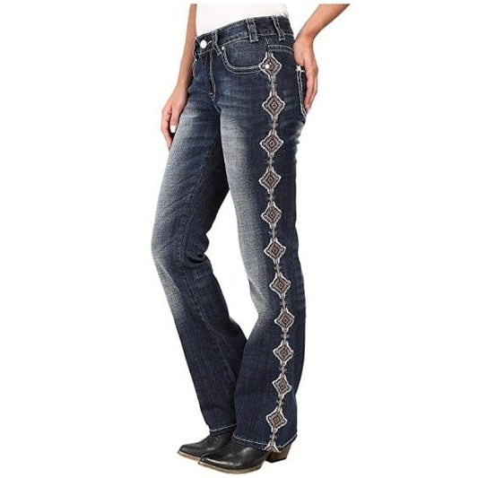 Rock & Roll Women’s Jeans Mid Rise Boot Cut Aztec Side Seam Design W1-8472 - Rock & Roll