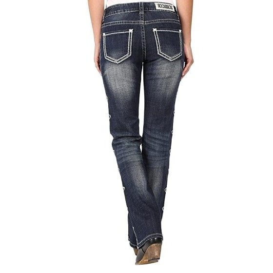Rock & Roll Women’s Jeans Mid Rise Boot Cut Aztec Side Seam Design W1-8472 - Rock & Roll