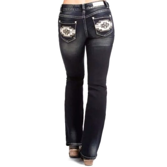 Rock & Roll Women’s Jeans Mid Rise Boot Cut Rhinestones W1-4596 - Rock & Roll