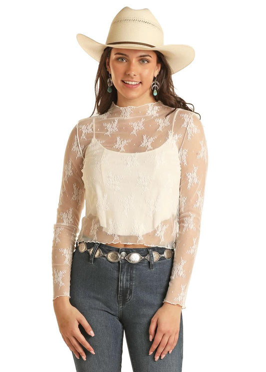 Rock&Roll Women's Shirt Mesh Lace Top In White BW22T03257