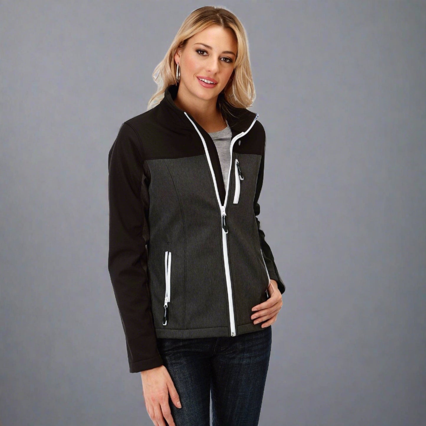 Roper Women's Grey Texture and Solid Black Bonded Softshell Jacket - Roper