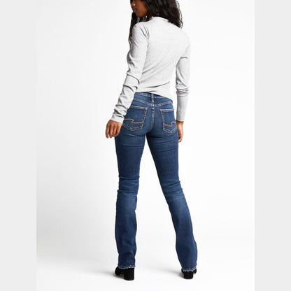 Silver Jeans Aiko mid-rise slim bootcut jean in a mid-wash finish, full-length back view.