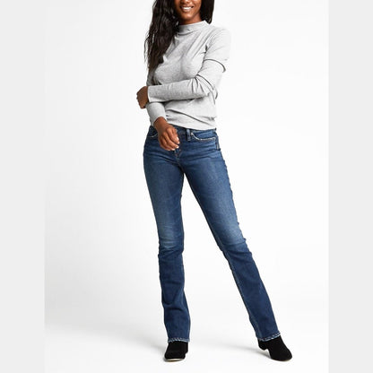 Silver Jeans Aiko mid-rise slim bootcut jean in a mid-wash finish, full-length front view.