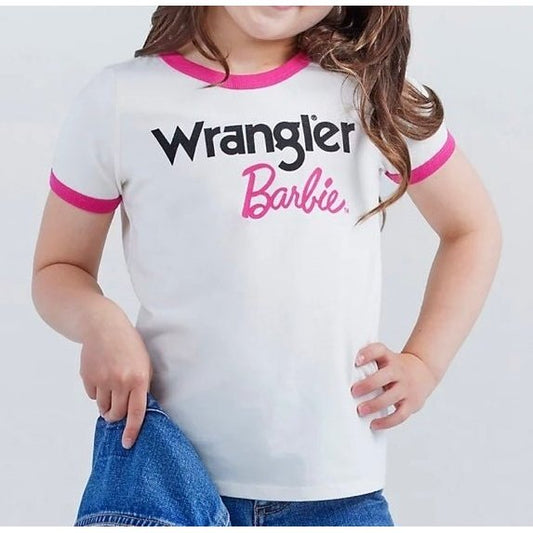 Wrangler Barbie Girl’s Logo Ringer Tee In White/Pink 112344861 - Wrangler