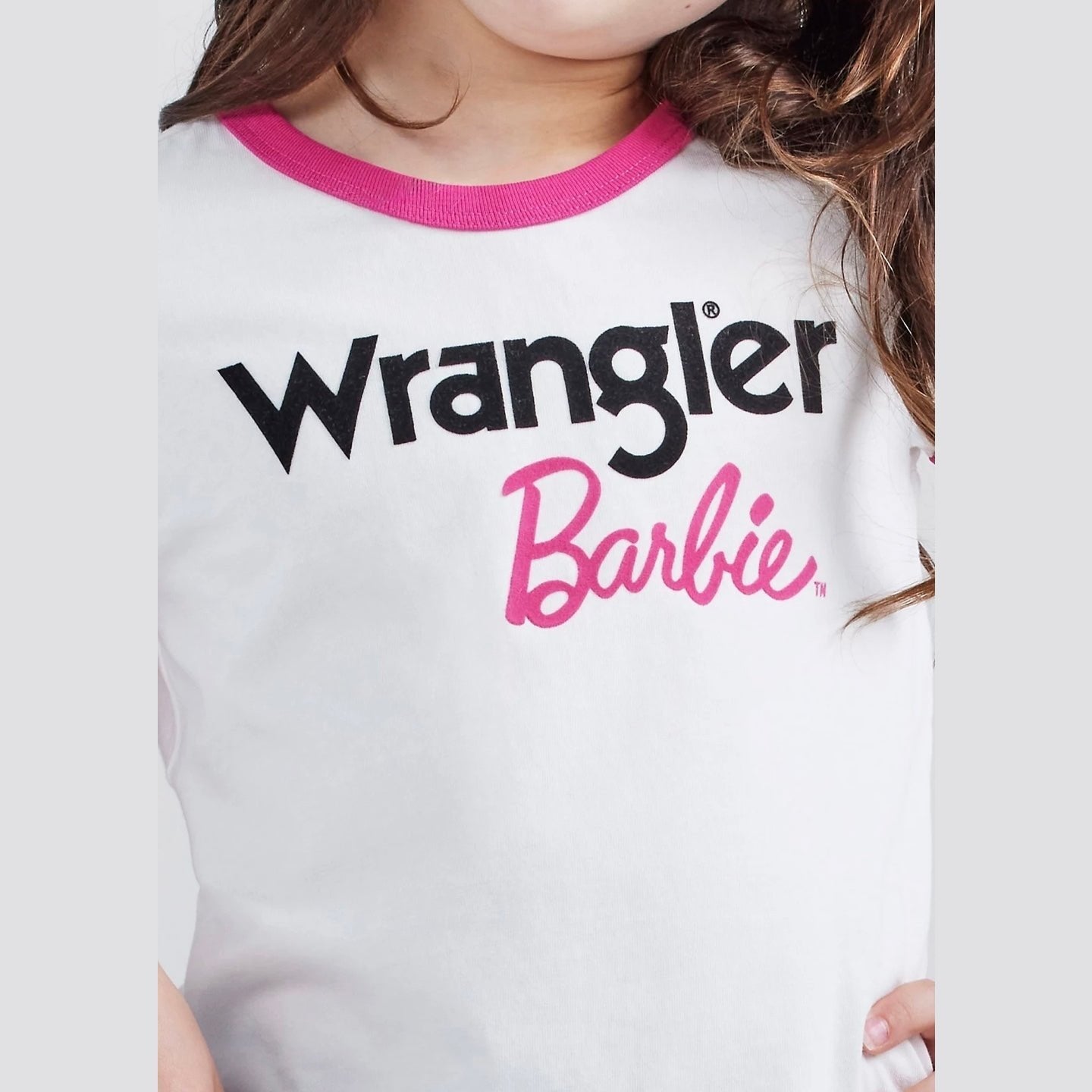 Wrangler Barbie Girl’s Logo Ringer Tee In White/Pink 112344861 - Wrangler