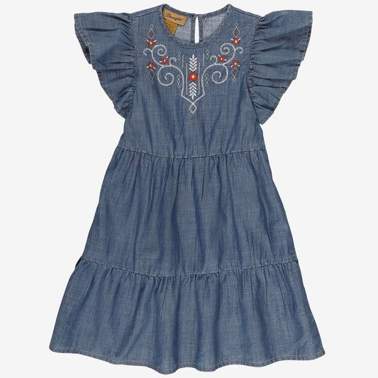 Wrangler Girl’s Dress Ruffle Sleeve Embroidered Denim 112329196 - Wrangler