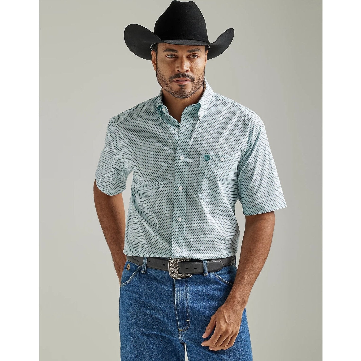 Wrangler Men’s George Strait Short Sleeve Button Down 1 Pocket Aqua Board 112327821 - Wrangler