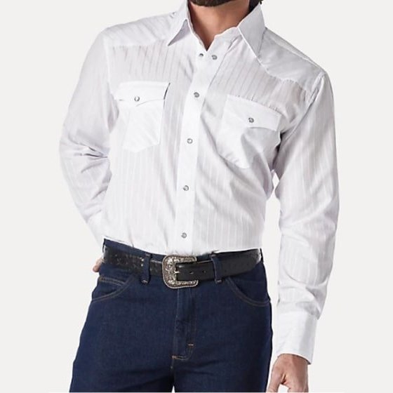 Wrangler Men’s Shirt Western Dress Long Sleeve Dobby Stripe Snap 75221WH - Wrangler