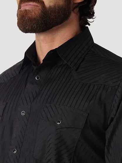 Wrangler Men's Shirt Western Long Sleeve Snap Dobby Stripe In Black 75214BK