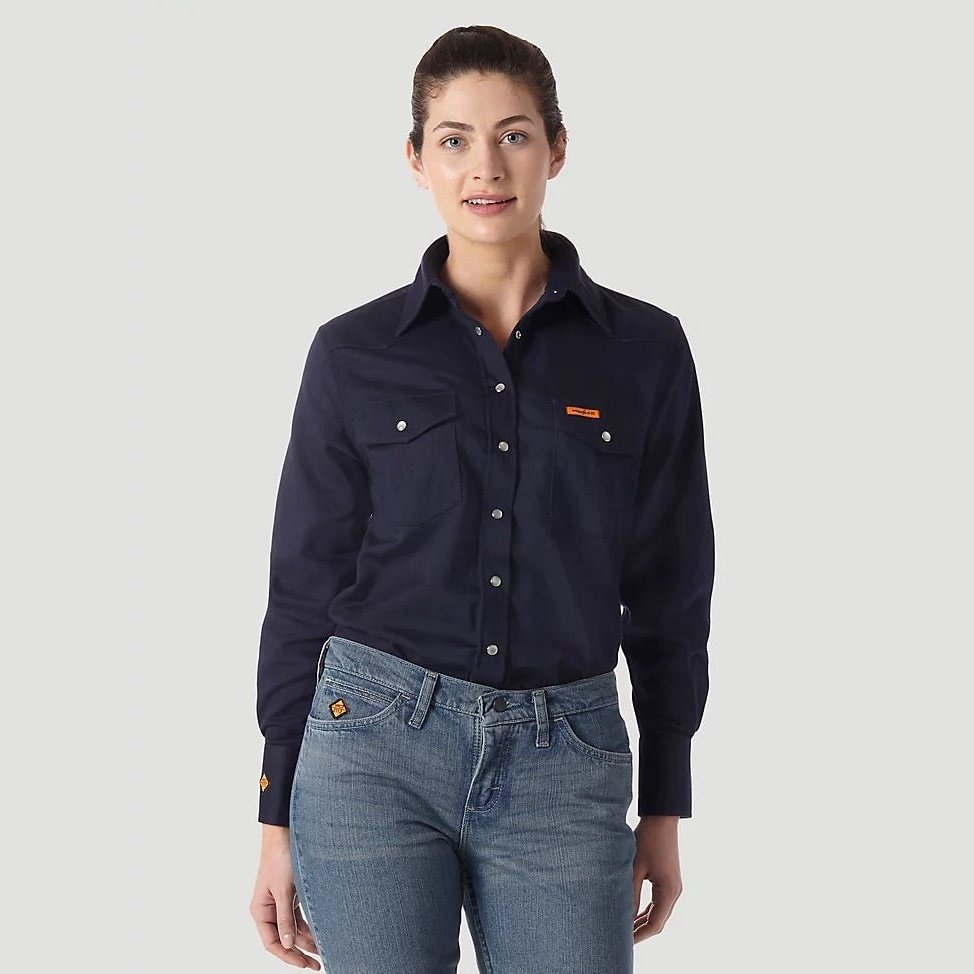 Wrangler Women’s Work Flame Resistant Long Sleeve Snap In Navy FRLW03N