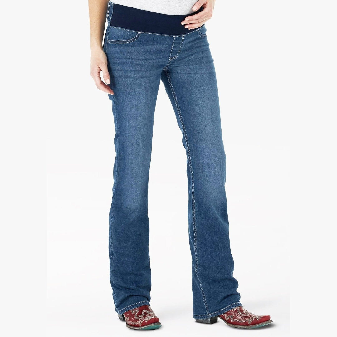 Wrangler Retro Mae maternity bootcut jean in dark wash denim, front full-length view.