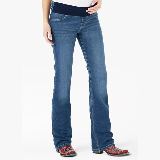 Wrangler Retro Mae maternity bootcut jean in dark wash denim, front full-length view.