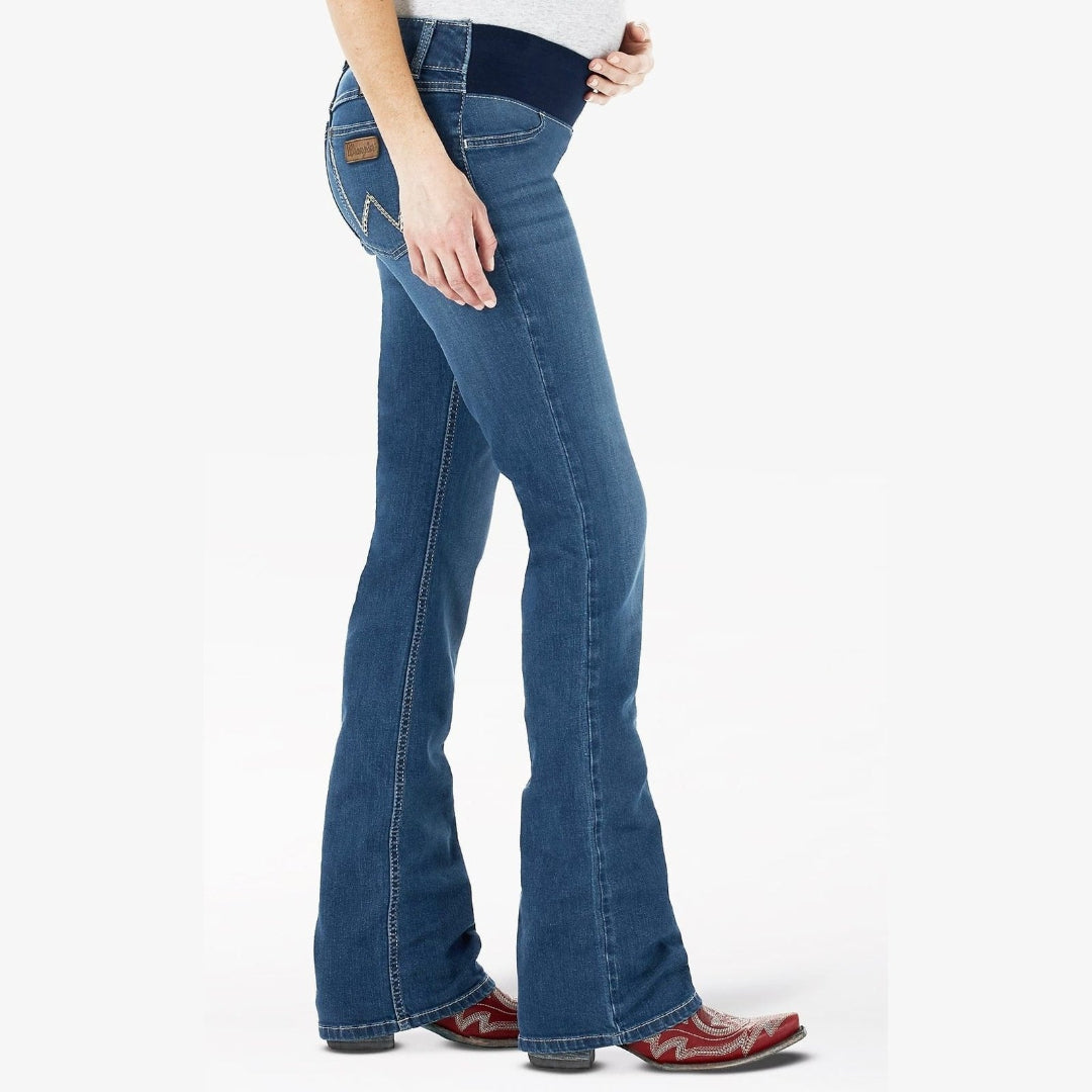 Wrangler Retro Mae maternity bootcut jean in dark wash denim, back pocket details.
